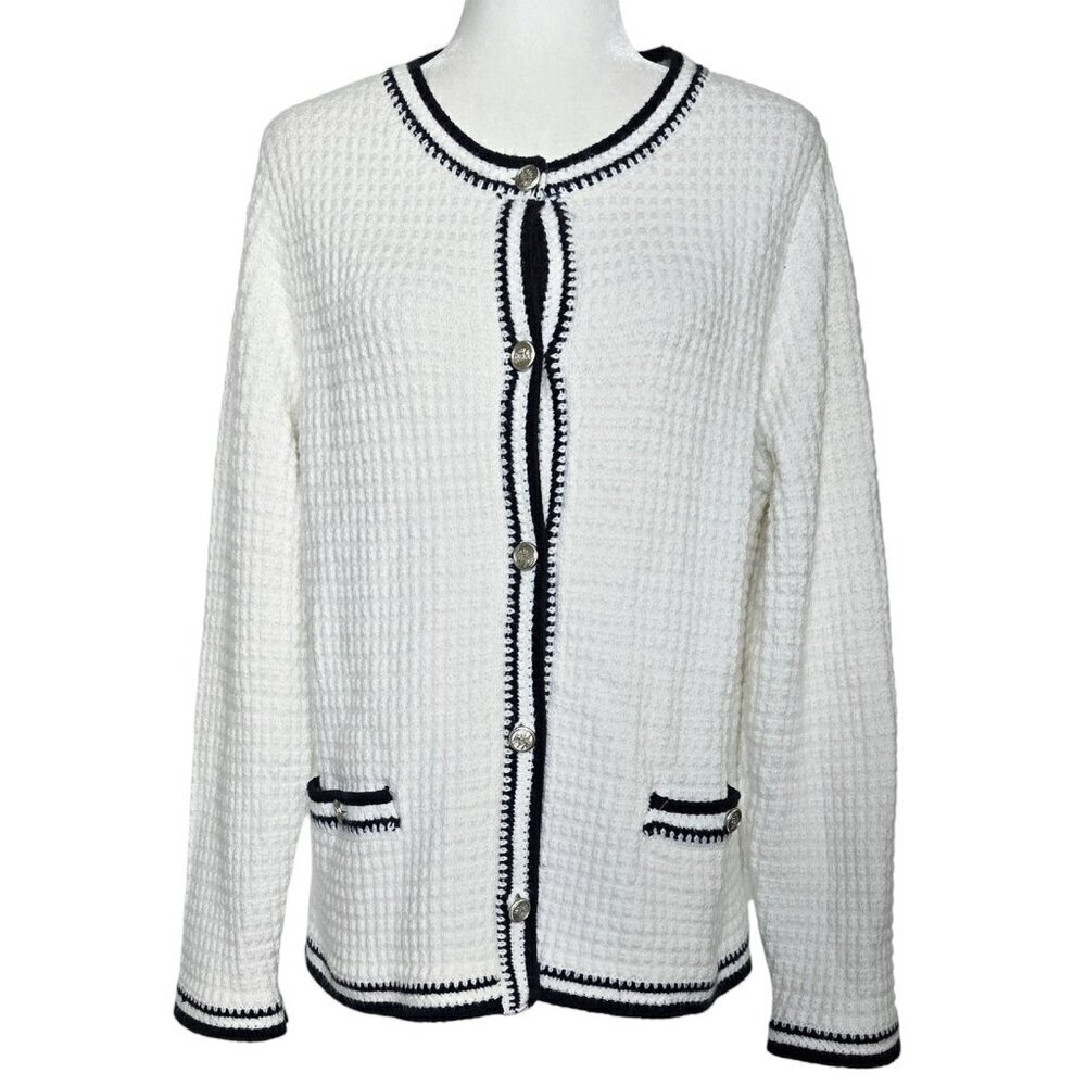 J. Jill Wearever Collection Ivory Textured Button-Up Round Neck Cardigan Preppy